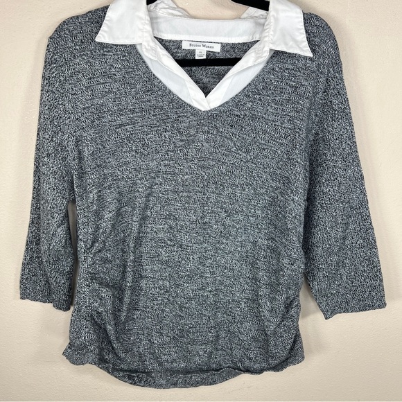 XL STUDIO WORKS GREY WHITE COLLAR ACCENT SWEATER FITTED STRETCH PREPPY ACADEMIA - Picture 5 of 9